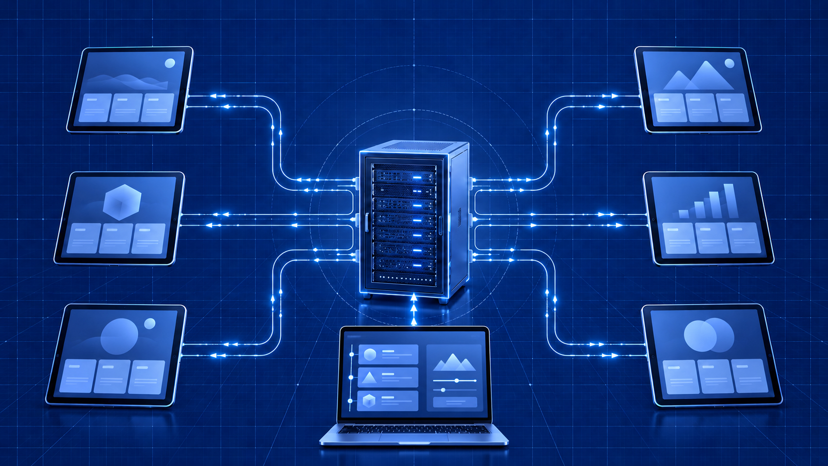 Tablets synced with a cloud-base server with a laptop